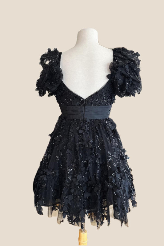 Black A-line Short Babydoll Dress with Bow