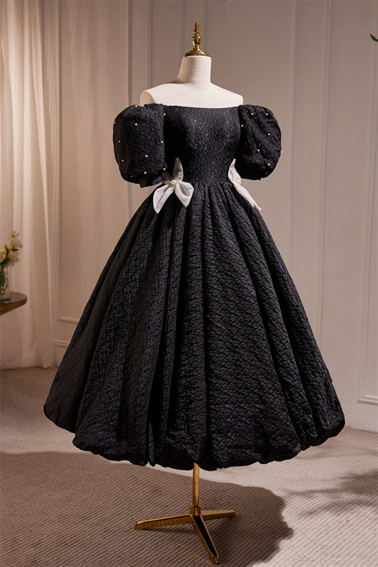 Off the Shoulder Black Tea Length Party Dress
