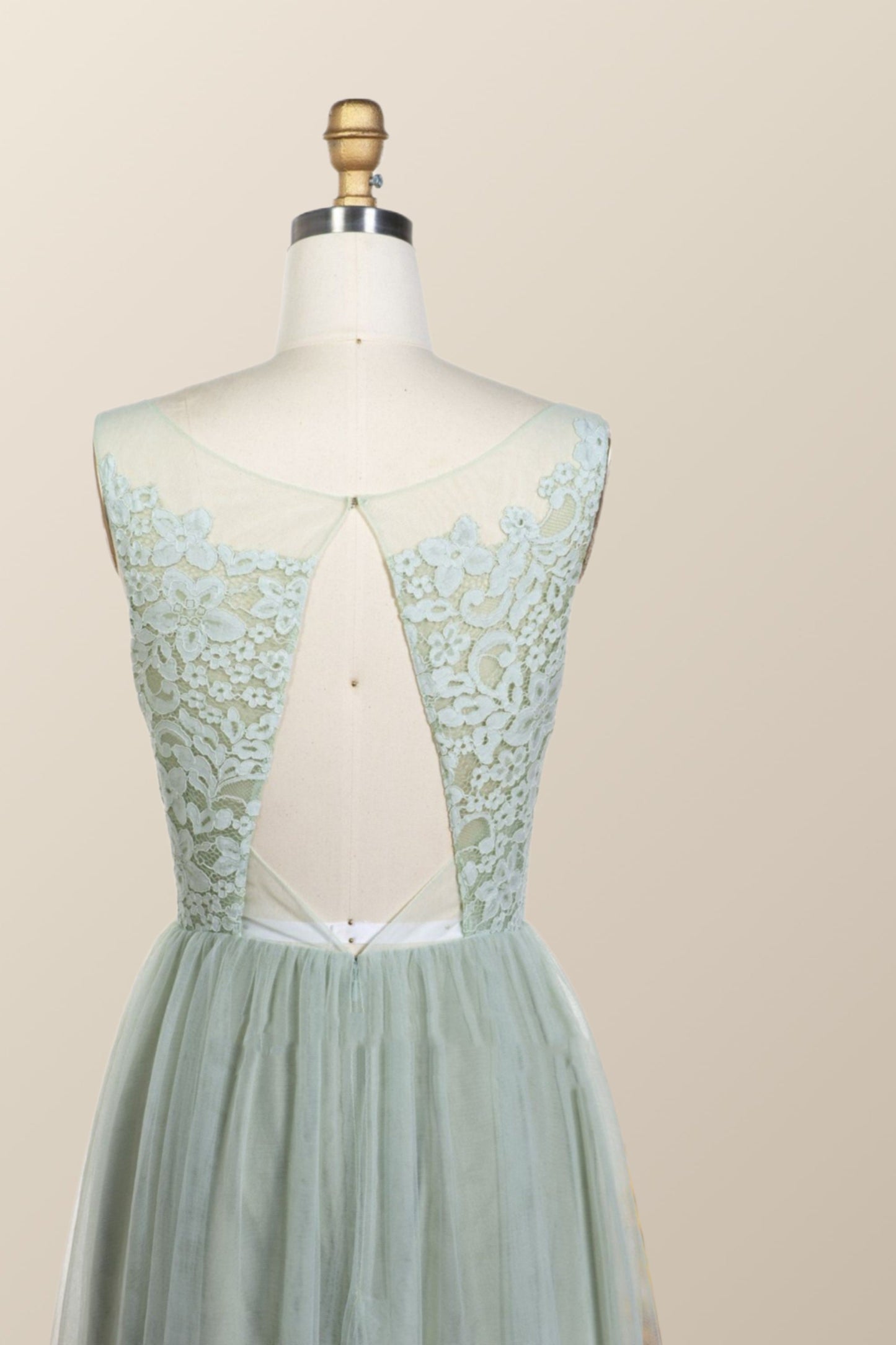 Sage Green Lace and Tulle Long Bridesmaid Dress
