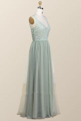 Sage Green Lace and Tulle Long Bridesmaid Dress