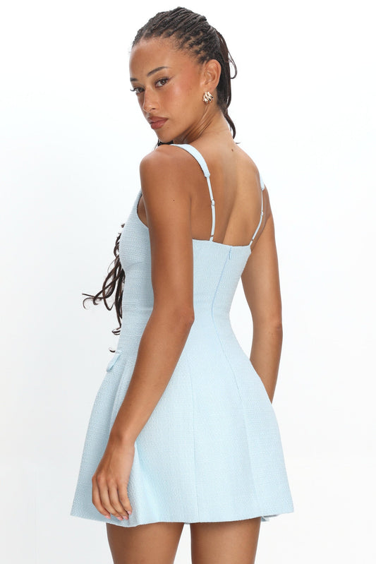 Melodic Faux Pocket Tweed Mini Dress Blue