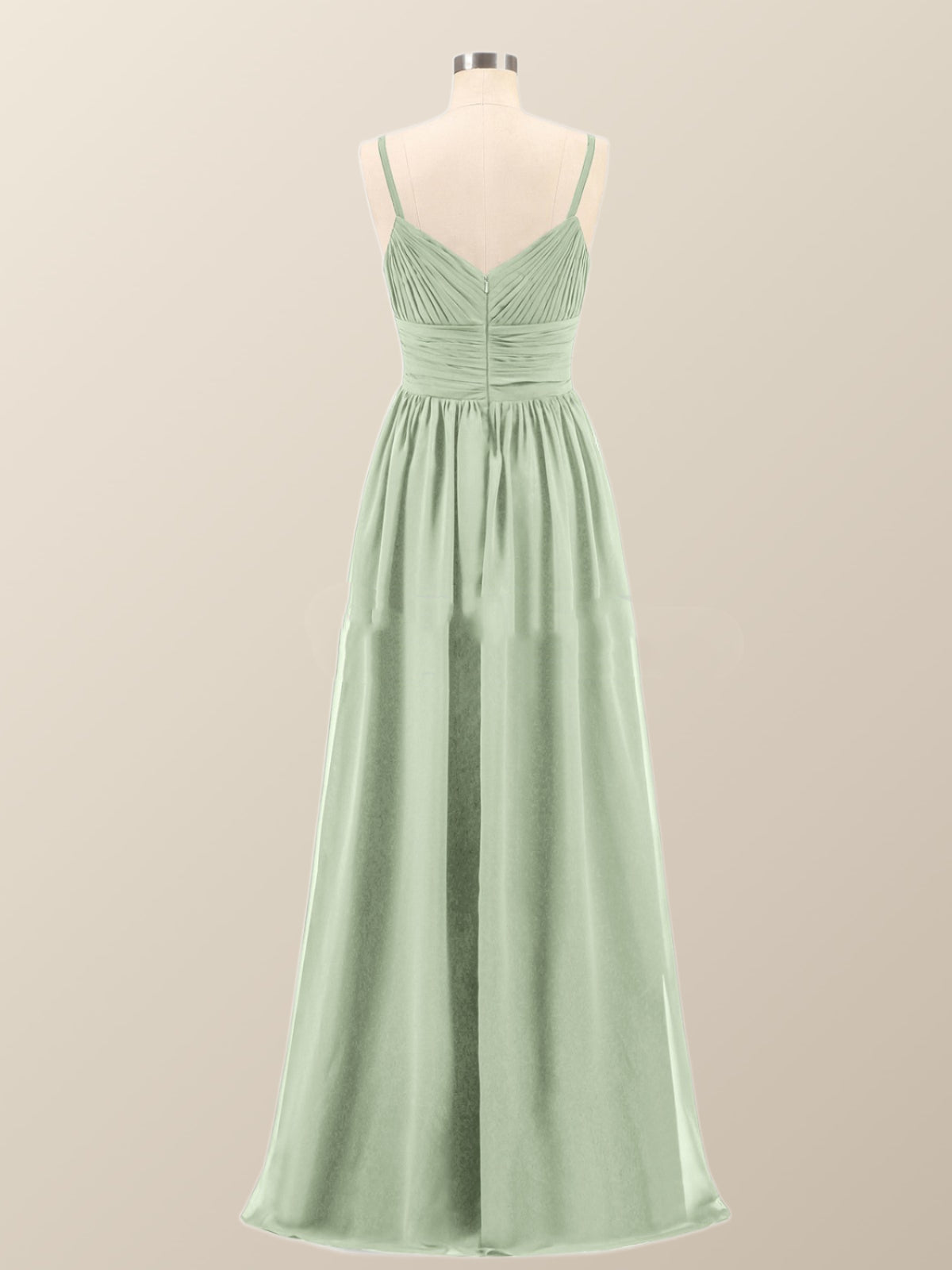 Sage Green Straps Pleated Empire Long Bridesmaid Dress