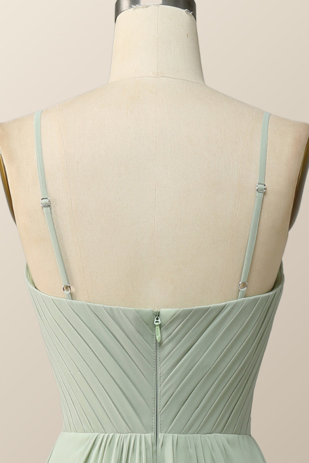 Sage Green Pleated Straps Long Bridesmaid Dress