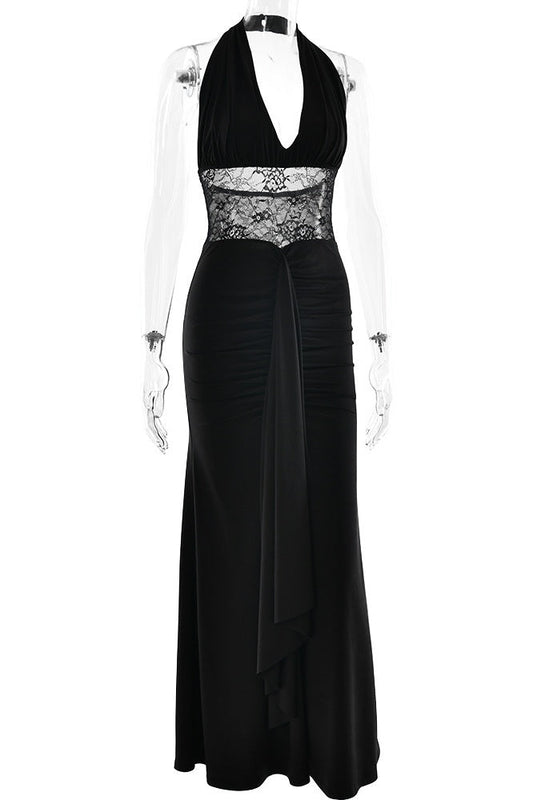Black Halter Sheer Draped Long Dress