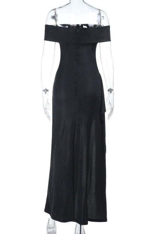 Black Folded Off the Shoulder Black Frill Dress
