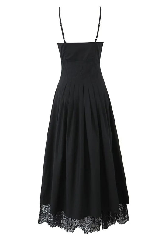 Black Straps Lace Stripe Button Long Party Dress
