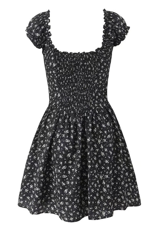 Black Floral Cap Sleeve Ruched Long Dress