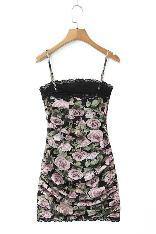 Spaghetti Strap Floral Ruched Short Skirt