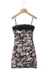 Spaghetti Strap Floral Ruched Short Skirt