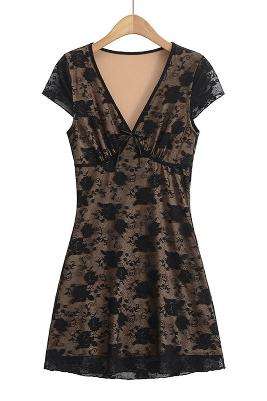 Beige Lace Flower Print Illusion Short Skirt