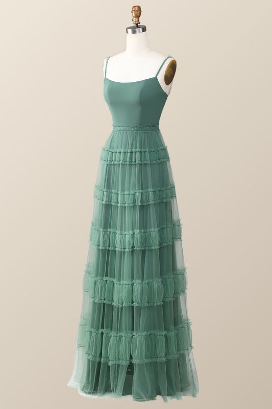 Eucalyptus Tulle Ruffle Long Dress with Straps