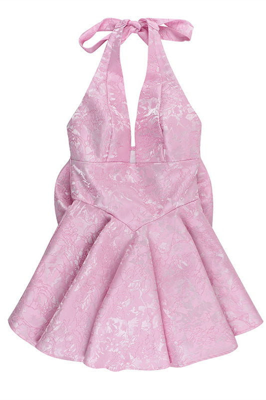 Halter Pink Plunge Short A-line Bow Dress