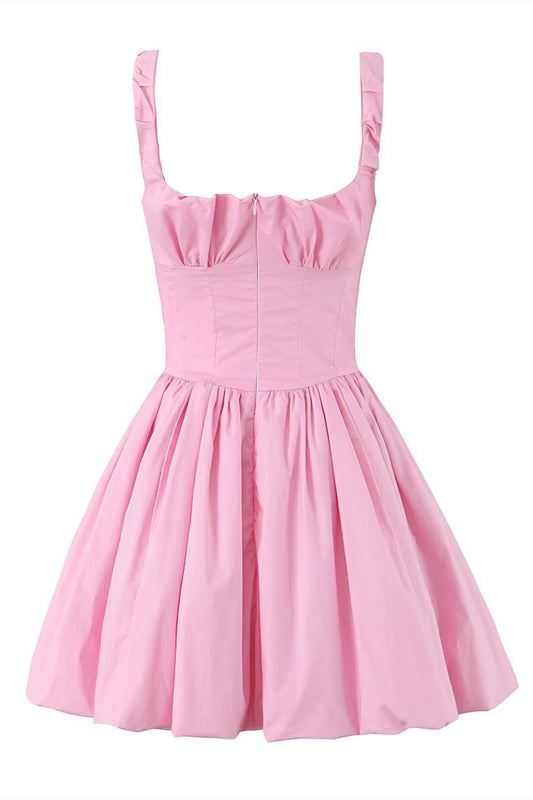 High Waist Pink Ruched Short Summer Dress
