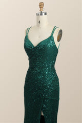 Ruched Green Sequin Fitted Long Party Dress