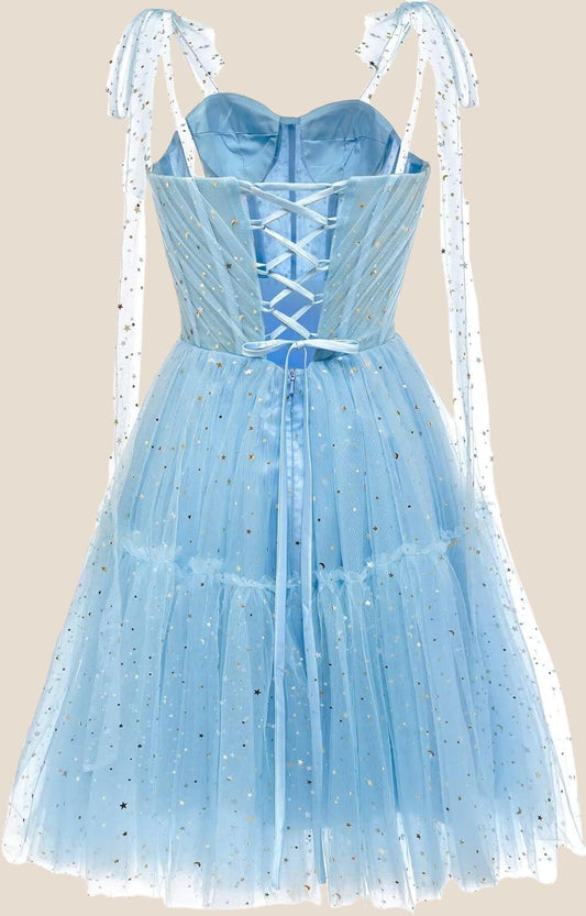 Light Blue Sparkly Starry Tulle Homecoming Dress