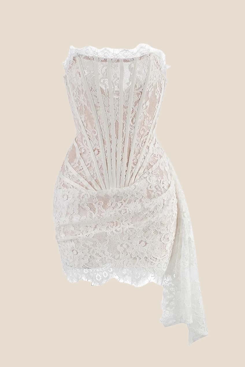 Strapless Black Tight Lace Short Dress with Train