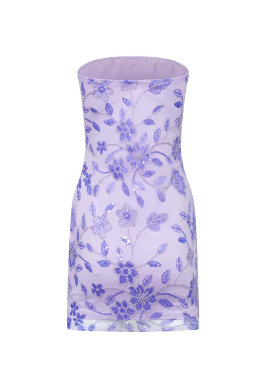 Purple Strapless Beaded Tight Mini Dress
