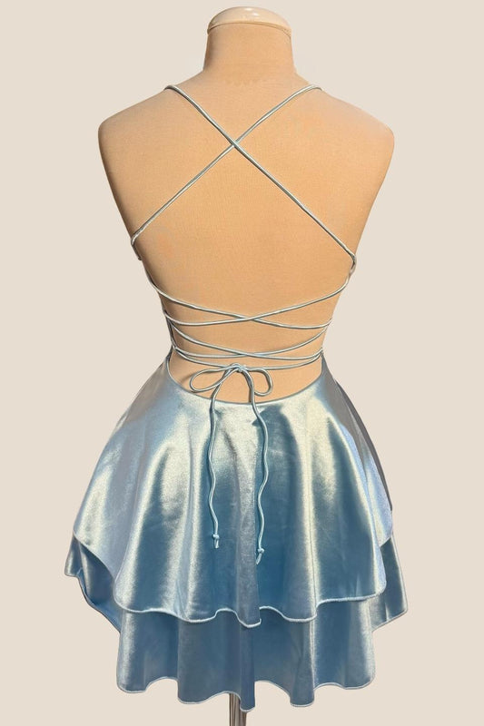 Cowl Neck Light Blue Short A-line Dress