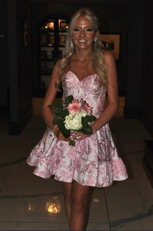 Sweetheart Purple Floral Print A-line Short Dress