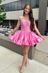 Strapless Black Ruffle Hem Short Dress with Pearls