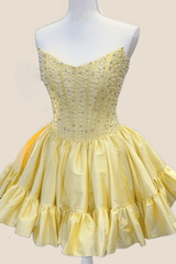 Strapless Black Ruffle Hem Short Dress with Pearls