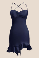 Straps Hot Pink Ruched Ruffle Fitted Dress