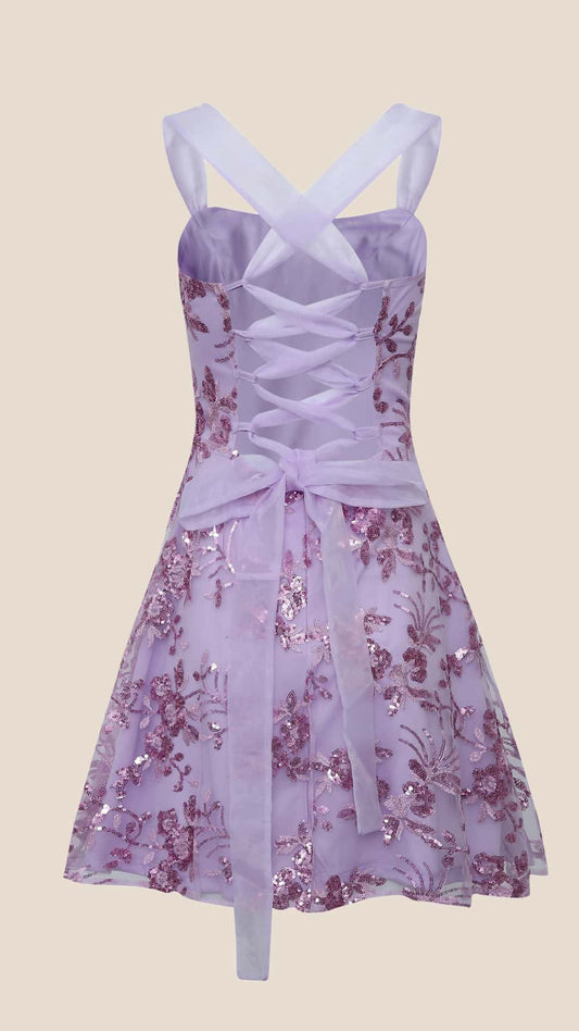 Purple Sequin Embroidery A-line Short Dress