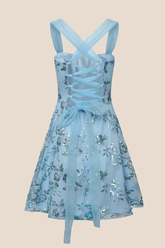 Blue Sequin Embroidery A-line Short Dress