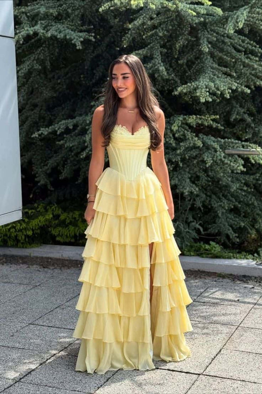 Pink Corset Chiffon Tiered Formal Gown