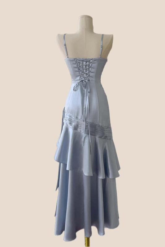 Blue Straps Ruched Mermaid Ruffle Long Dress