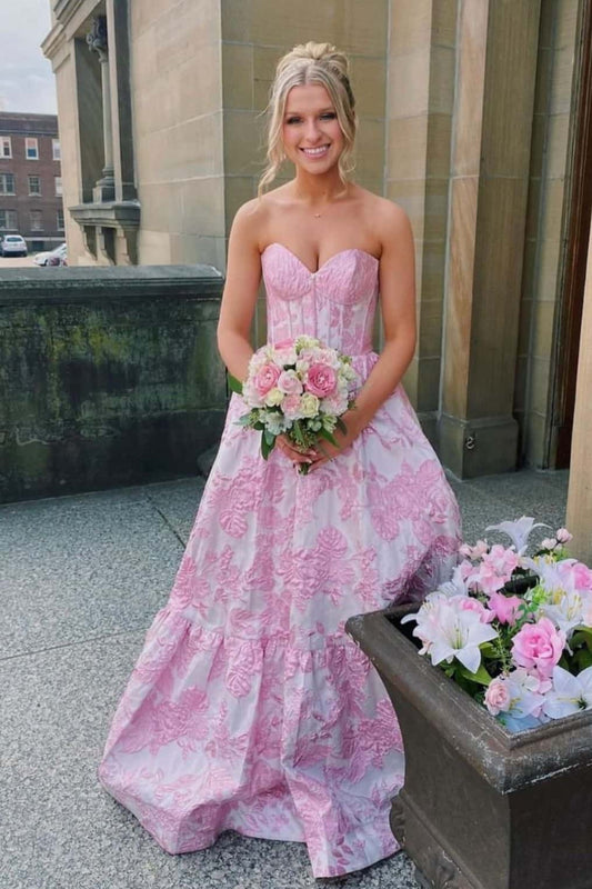 Pink Floral Jacquard Sweetheart A-line Dress