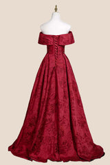 Ruched Off the Shoulder Red Floral Jacquard Gown