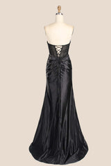 Rhinestones Pink Satin Ruched Slit Long Dress