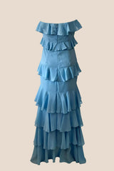 Strapless Blue Ruffle Tiered Long Chiffon Dress