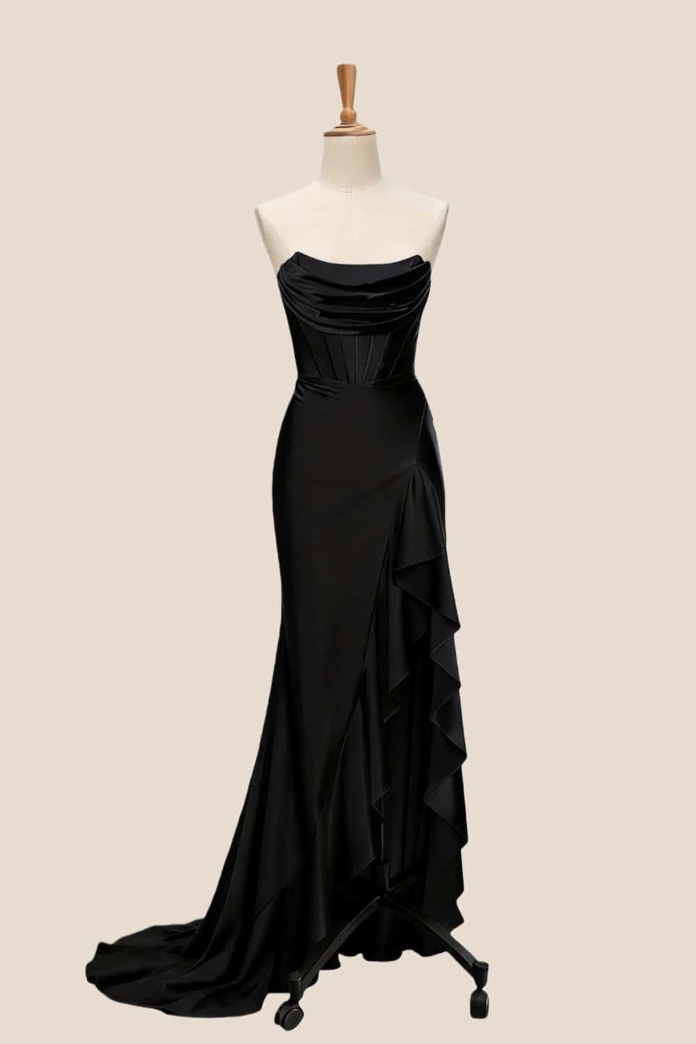 Royal Blue Satin Cowl Neck Frill Slit Long Dress