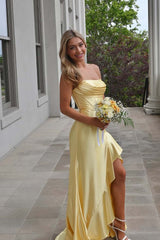 Royal Blue Satin Cowl Neck Frill Slit Long Dress