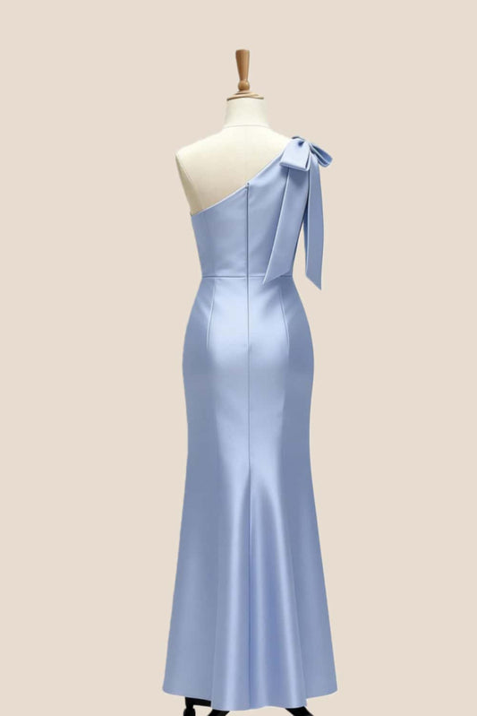 Light Blue One Shoulder Bow Bridesmaid Dress