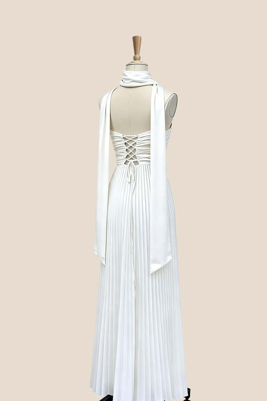 Empire White Pleated Maxi Scarf Dress