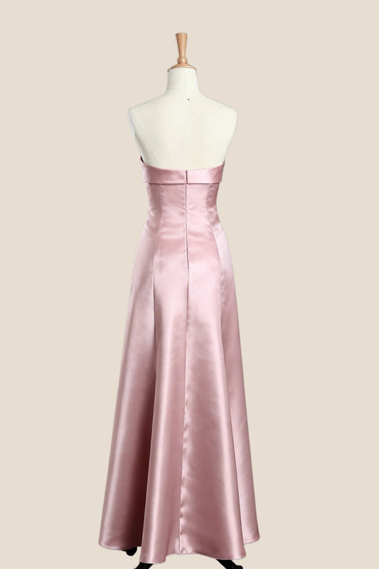 Pink Satin Knot A-line Long Bridesmaid Dress