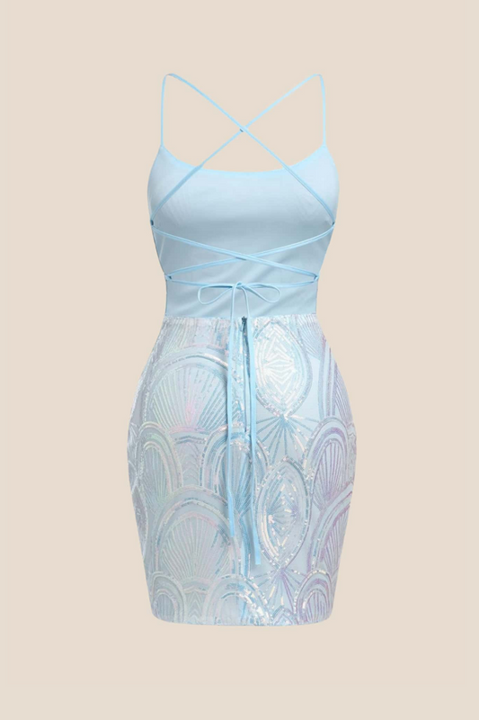 Square Neck Light Blue Short Dress with Sequin