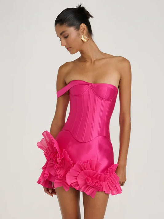 Livette - Strapless Corset Look & Ruffle Detail Mini Dress
