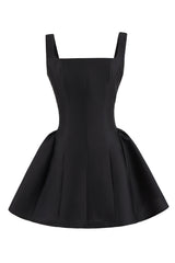 Square Neck Red Pleated A-line Short Dress