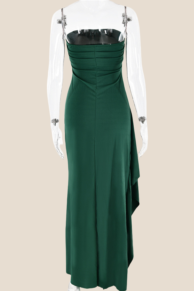 Strapless Black Ruched Long Dress with Slit