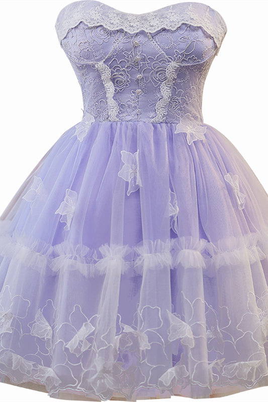 Strapless avender 3D Floral A-line Short Dress