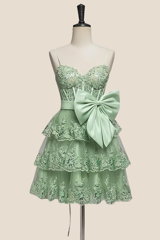Straps Hot Pink Appliques Tiered Short Dress with Bow
