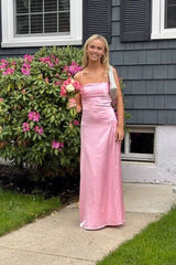 Spaghetti Straps Fuchsia Satin Back Tie Long Dress