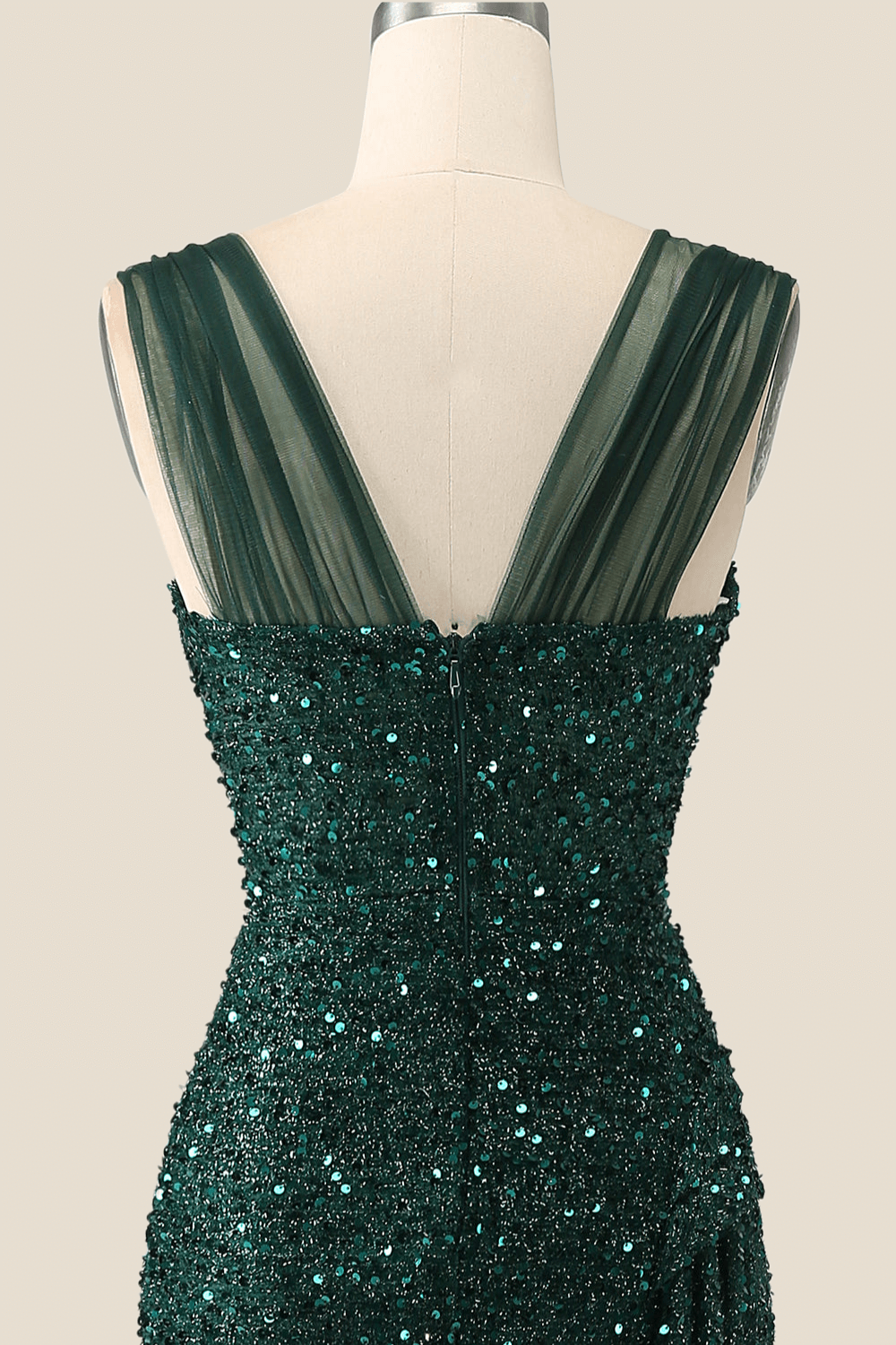 Ruched Dark Green Sequin Mermaid Long Evening Dress