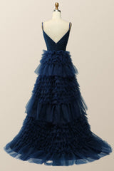 Light Blue Tiered Ruffle Long Ball Gown with Straps