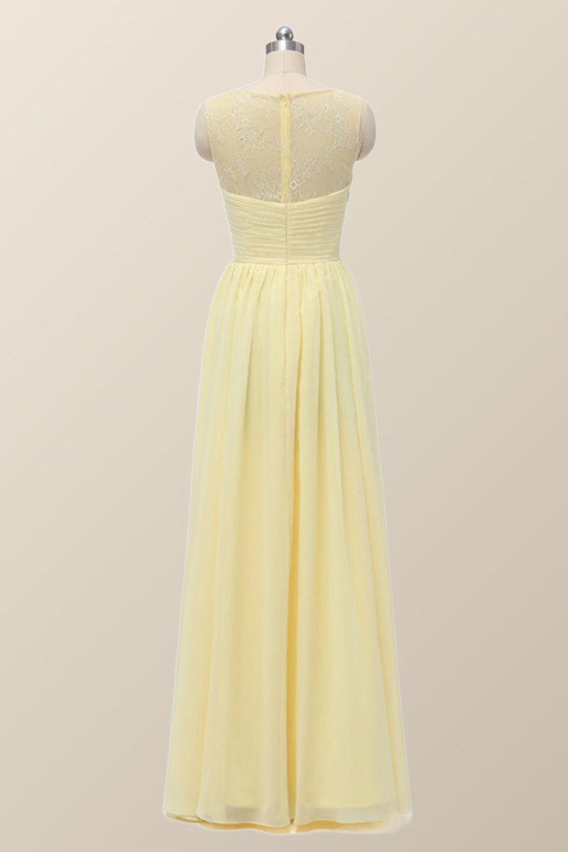 Scoop Yellow Chiffon Pleated Long Bridesmaid Dress