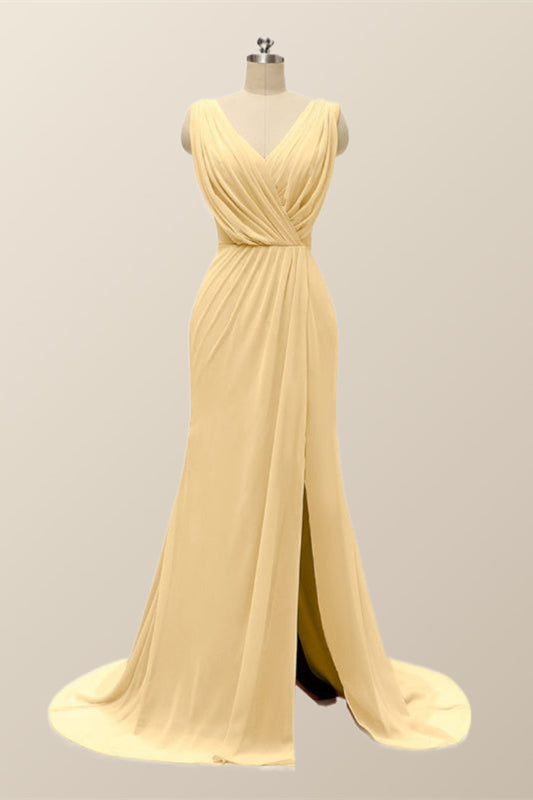 V Neck Blue Pleated Chiffon Long Bridesmaid Dress